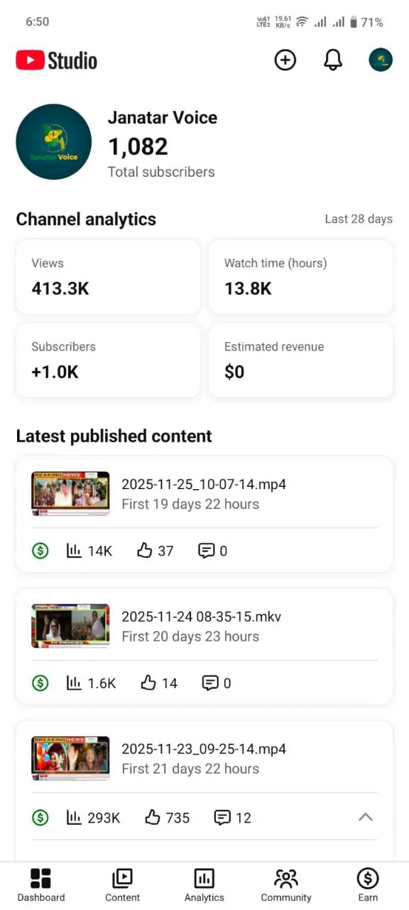 (ID:YTS0054)Janatar Voice - 1K Subscribers - News & Entertainment